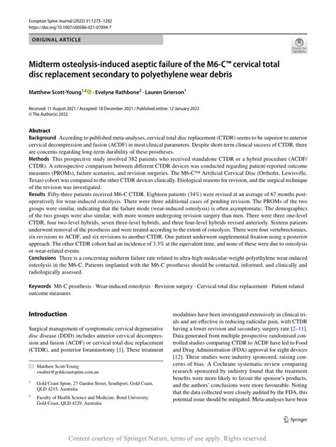 Midterm osteolysis-induced aseptic failure of the M6-C™ cervical total