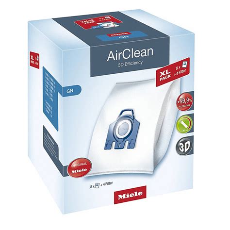 Miele gn vacuum bags. Genuine Miele type GN bags with blue collar. Includes eight(8) premium synthetic bags, two(2) electrostatic exhaust filters and two(2) pre-motor filters per package. Will fit the following models: Miele Classic C1 Complete C2 Complete C3 S400i-S456i S600-S658 S800-S858 S2000-S2999 S5000-S5999 S8000-S8999 