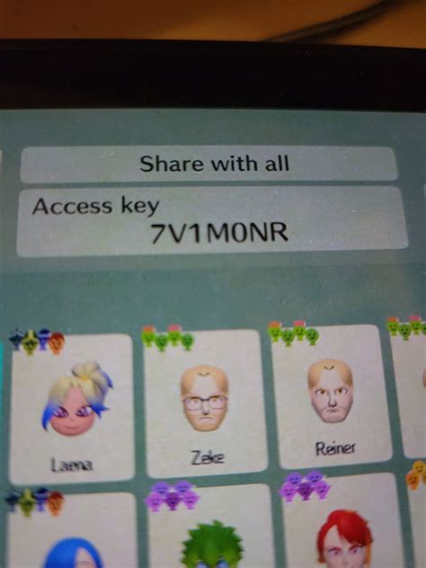 Miitopia access keys. Press X to open up the menu and choose Add Mii characters. Select "Receive". Next, choose Receive (the one with the Wifi symbol). Select "Access key. From the next menu, choose Access key. Enter shared access key code. You will then be prompted to put in the access key code in the next screen. Select "Receive". 
