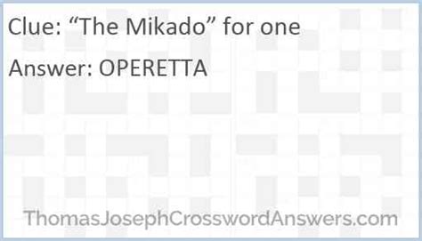 Baritone in 'The Mikado' Crossword Clue Answers. Find the latest crossword clues from New York Times Crosswords, LA Times Crosswords and many more. Crossword Solver Crossword Finders ... OPERETTA "The Mikado," for one (8) Thomas Joseph: Dec 7, 2023 : 6% TENOR Voice above the baritone (5) 5% AWARE In the know (5) USA Today: Mar 2, 2024 : 5% .... 