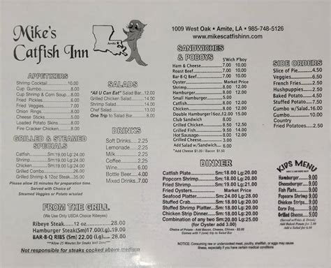 Mike's Catfish Inn offers a variety of seafood dishes, such as catfish, shrimp, oysters, and chicken, served with salad bar, hushpuppies, and potatoes. You can also order fried pickles, fried veggies, and other appetizers, as well as drinks and desserts.