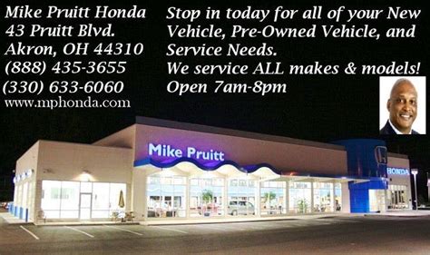 Mike pruitt honda. Mike Pruitt Honda 43 Pruitt Blvd Akron OH 44310 (330) 633-6060 We know that you have high expectations, and as a car dealer we enjoy the challenge of meeting and exceeding those standards each and every time. 
