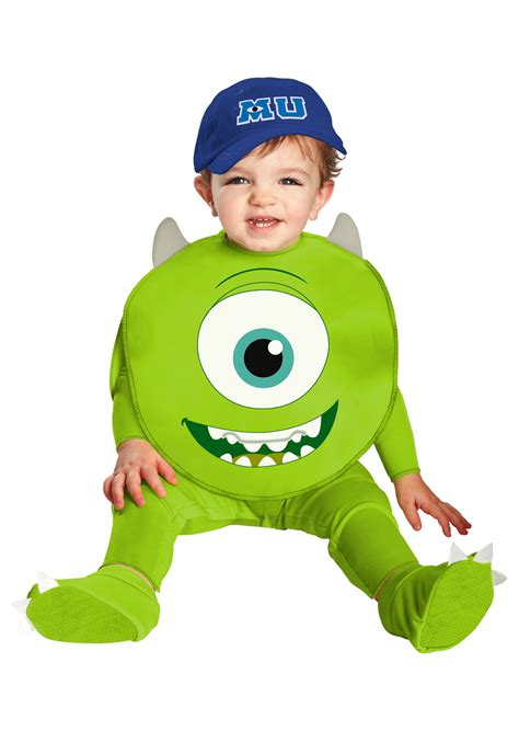 Transform your baby into a beloved Monsters, Inc. character with this Mike Wazowski costume! This baby costume features a long-sleeved coverall adorned with Mike's giant eyeball and grin. Green leggings, a horned hood, and boot covers complete this scary-good ensemble.