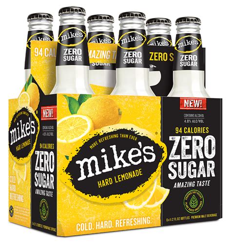 Mikes hard lemonade zero sugar. Mike's Hard Lemonade Zero Sugar: Per 12 fl. oz. - Average Analysis: Calories 100, Carbohydrates 13g, Protein 0g, Fat 0g ... DON'T DRIVE DRUNK® PREMIUM MALT BEVERAGE ALL REGISTERED TRADEMARKS, USED UNDER LICENSE BY MIKE'S HARD LEMONADE CO., CHICAGO, IL 60661. … 