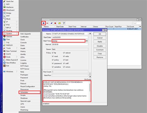 Mikrotik script disable interface.  To get the interface running again, reset the traf...
