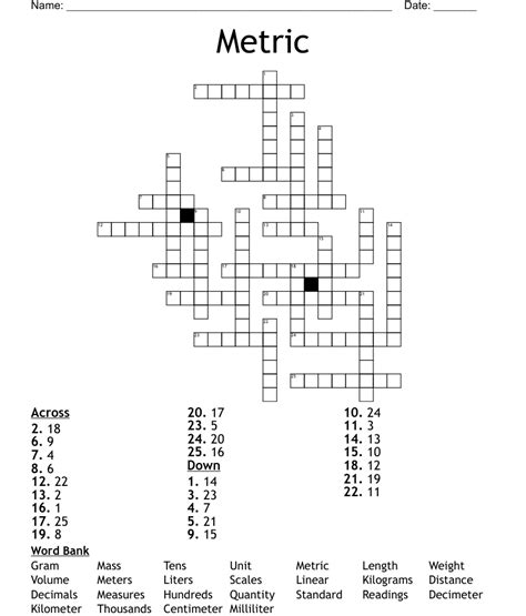 The Crossword Solver found 30 answers to "Metric measurement (5)", 5 letters crossword clue. The Crossword Solver finds answers to classic crosswords and cryptic crossword puzzles. Enter the length or pattern for better results. Click the answer to find similar crossword clues . Enter a Crossword Clue. Sort by Length. # of Letters or Pattern.