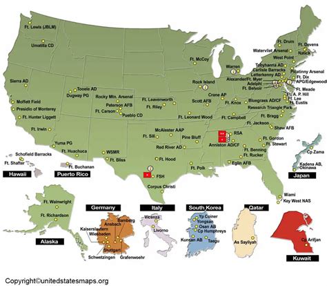 Military bases map. Army Base Guide List. United States. Alabama. Fort Novosel. Redstone Arsenal. Alaska. Fort Richardson. Fort Wainwright. Joint Base Elmendorf-Richardson. Arizona. Fort … 
