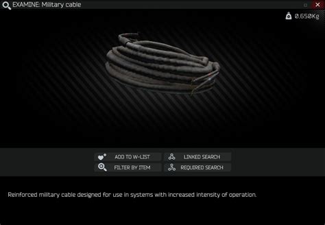 Military cable tarkov. SAS drive (SAS) is an item in Escape from Tarkov. Reinforced case with SAS hard drive. Used for data storage in military industry. Drawer Safe Dead Scav Weapon box (5x5) Plastic suitcase Common fund stash Ground cache Buried barrel cache Jacket Easter eggs and References: It is modeled after ICYDOCK ToughArmor MB991IK-B Rugged 2.5" SAS/SATA HDD & SSD Mobile Rack 