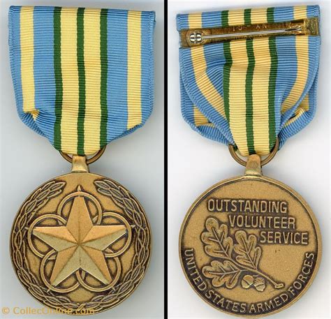 Military outstanding volunteer service medal. It's entirely up to the commander, there is no specific threshold. One commander can give it out for 10 hours of volunteering, another may way 1000 hours. There is no time limit either, a year, an assignment, multiple years, whatever. Many commanders haven't given it much thought and haven't laid out specific criteria. 
