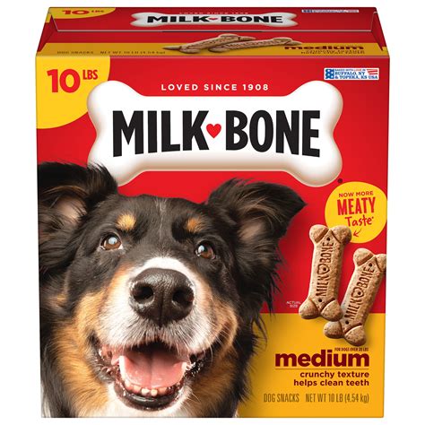 Milkbone dog treats. Contains (1) 7 pound box of naturally and artificially flavored dog biscuits in 3 flavors: Peanut Butter, Peanut Butter & Bacon, and Peanut Butter & Honey ; Wholesome and tasty dog treats produced in Buffalo, New York, USA — now with even MORE peanut butter flavor compared to the Milk-Bone Peanut Butter Flavor biscuits you know and love 