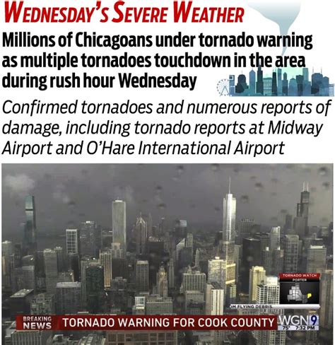 Millions of Chicagoans under tornado warning as multiple tornadoes touchdown in in the area during rush hour Wednesday