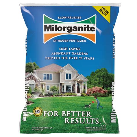Milorganite fertilizer covers all the bases and does it well. It's the perfect standard organic lawn fertilizer for promoting the healthy growth of lawns, trees, shrubs, and flowers with 6% total Nitrogen (N), 4% available Phosphate (P205), and 2.5% total iron (Fe). The fertilizer's non-burning slow-release nitrogen feeds for up to 10 weeks .... 