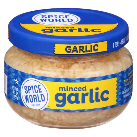Minced garlic jar. READY-TO-USE FRESH GARLIC – Add delicious garlic flavor to a meal without the hassle of chopping or mincing. Spice World’s Minced Garlic in jar is always just a spoonful away, offering an easy way to flavor your favorite dishes. EASILY INTRODUCE BOLD FLAVOR – Our minced garlic cloves are fresh, delicious, and good for you! 