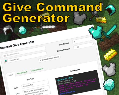 This Give Weapon Generator creates the Minecraft Bedrock Edition (PE, Win10, Xbox One, PS4, Nintendo Switch) command you can use to give a player a custom weapon.If you need help completing a section, click on the button to display the instructions.. When you have finished customizing your weapon, click on the Generate Command button …. 