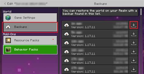 Minecraft realm backup not working.  Then shows like the following pict...