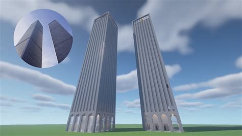 This build is the Twin Towers, part of the World Trade Center. They are built to 1/3 the scale of the actual buildings. They are about 176 blocks high and should comfortably sit on average leveled ground without getting the tower tops cut off. They have 35 finished floors and lobbies.. 
