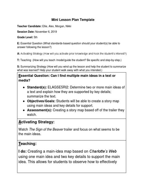 Mini Lesson Plan Template: Activating Strategy PDF