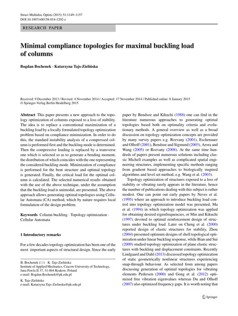 Minimal compliance topologies for maximal buckling load of columns …