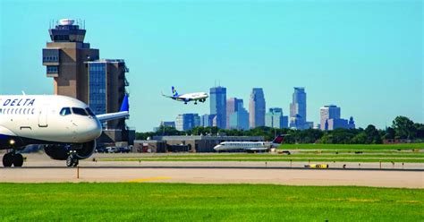 Minneapolis St. Paul Int. Airport is located 10 miles (16 km) south of downtown Minneapolis, and 10 miles southwest of downtown Saint Paul.. Top 5 busiest domestic routes from Minneapolis Airport are American destinations such as Denver, Chicago, Atlanta, Phoenix and Las Vegas.. 