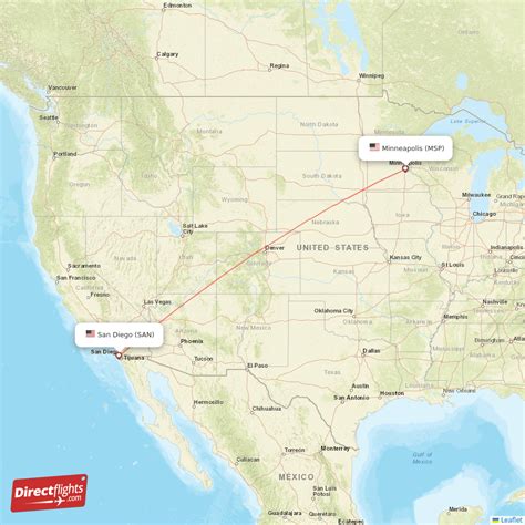  The calculation of flight time is based on the straight line distance from San Diego, CA to Minneapolis, MN ("as the crow flies"), which is about 1,533 miles or 2 466 kilometers. Your trip begins in San Diego, California. It ends in Minneapolis, Minnesota. Your flight direction from San Diego, CA to Minneapolis, MN is Northeast (50 degrees from ... . 