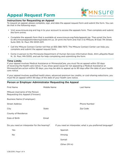 Minnesota Appeal Request Form Mnsure Download Fillable PDF