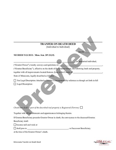 Minnesota Transfer On Death Deed Form US Legal Forms