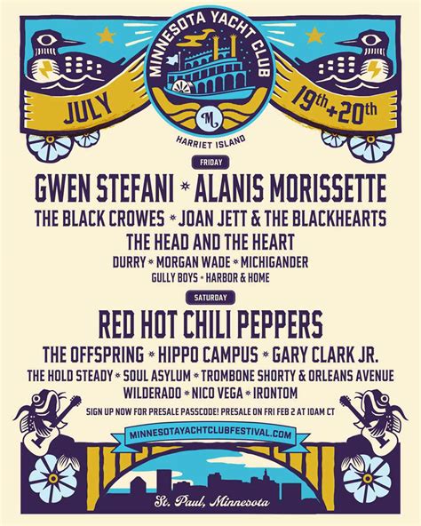 Minnesota yacht club festival. Jan 30, 2024 · HARRIET ISLAND REGIONAL PARK IN SAINT PAUL, MN JULY 19-20, 2024 PRESALE TICKETS AVAILABLE FRIDAY, FEBRUARY 2 AT 10AM CT. Red Hot Chili Peppers, Gwen Stefani, and Alanis Morissette will headline the inaugural Minnesota Yacht Club Festival on July 19-20 at Harriet Island Regional Park in Saint Paul, MN. 