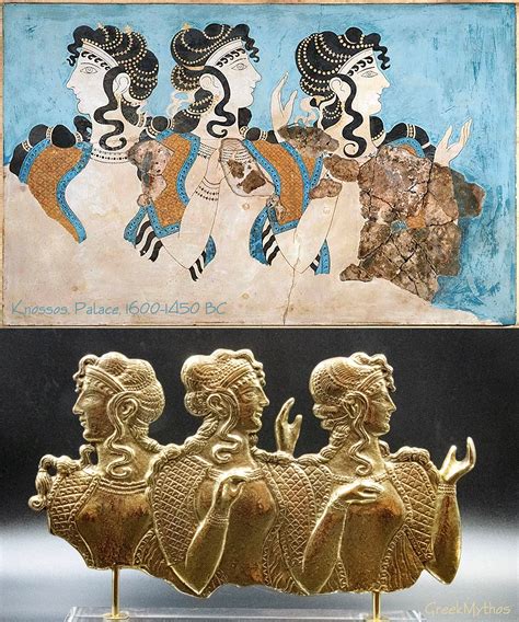 Minoan Fresco of the Ladies in Blue depicts the women in the open blouse that was typical in the later Minoan Culture. Their skirts would have begun at the waist, were flounced, and of many colorful patterns. These fresco fragments were discovered during the excavation of a Minoan site in Crete by the British archaeologist Sir Arthur John Evans.