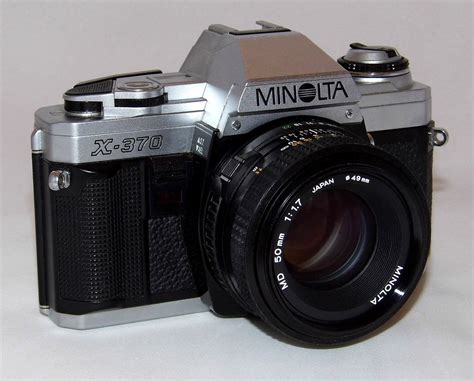 Brand: Minolta; Name: Minolta X-370; Regional name: Minolta X-300, Minolta X-300; Type: Single lens reflex camera; Type of Film: 35mm; Focal length:-Maximum aperture: depends on the lens; Focus: Manual; …. 