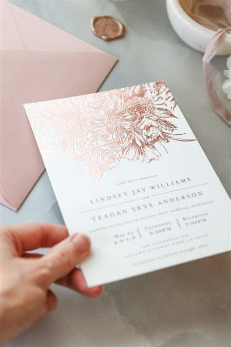 Modern romantic wedding invitation featuring a hand drawn peony floral in foil. Dimensions. 4.25" x 5.5". Printing. Foil-Pressed. Card Type. Flat Card. Personalize Your Designs..