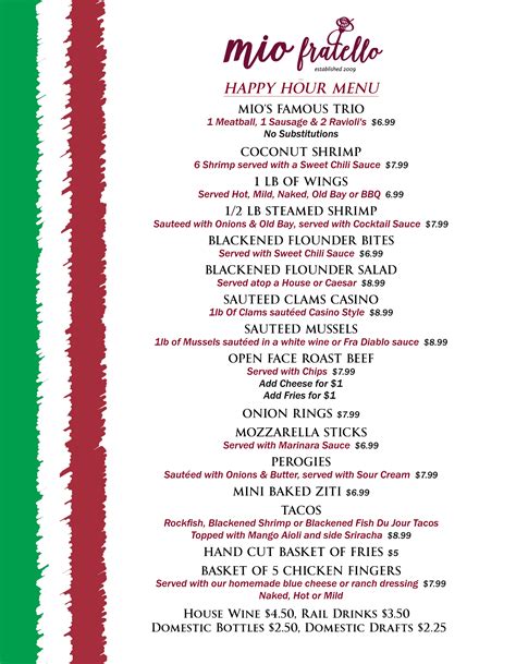 Mio fratello happy hour menu. Stop on by for a great meal or happy hour and get that fine bottle of wine 🍷. Like. Comment. Share. 1 · 275 Plays. Mio Fratello Italian Steakhouse 