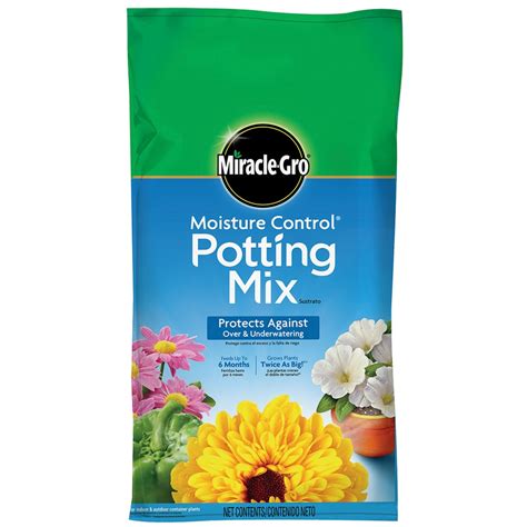 Miracle-Gro Moisture Control potting soil mix. Protects against under and over watering. Includes coir, a wetting agent that helps the soil absorb up to 33% more water than basic potting soil. Grows plants twice as big. Specially formulated mix feeds plants for up to 6 months and grows plants that are twice as big. .