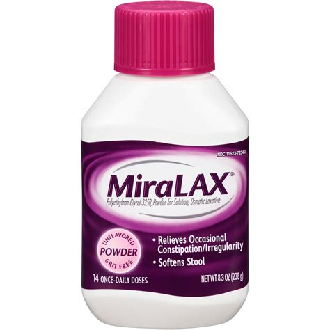 Miralax 238g. MiraLAX, with the active ingredient polyethylene glycol, is clinically proven to relieve occasional constipation relief and soften stools without causing harsh side effects, such as sudden urgency, cramping, bloating and gas. Offered in a convenient powder form, it dissolves completely in water or any hot or cold beverage of your choice with no ... 
