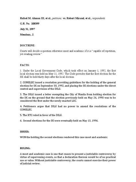 Mirasol vs ecc.  It discusses that while the case was technically moot since second...