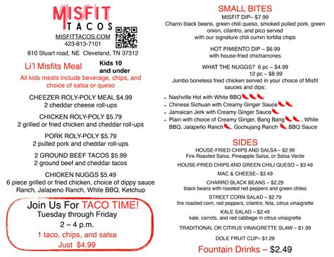 Misfit tacos. 2 GROUND BEEF TACOS $5.99 2 ground beef and cheddar tacos CHICKEN NUGGS $5.49 6 piece grilled or fried chicken, choice of dippy sauce Ranch, Jalapeno Ranch, White BBQ, Ketchup Kids 10 and under SMALL BITES MISFIT DIP– $7.99 Charro black beans, green chili queso, smoked pulled pork, green onion, cilantro, and pico served 