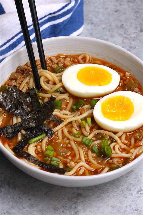 Miso ramen recipe. Vegetarian miso ramen is an easy, gut healthy ramen recipe filled with miso, garlic, ginger, shitake mushrooms, kale and a soft boiled egg. Easily adapted to vegan by swapping the egg for tofu, this comforting noodle bowl is ready to eat in 15 minutes. Prep Time 5 minutes mins. 