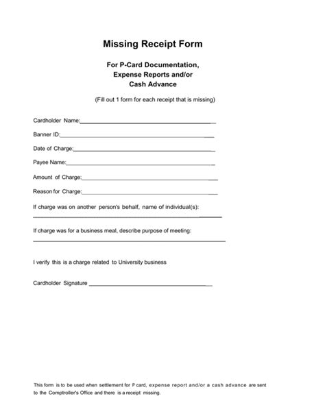 Missing Receipt Form For PCard Documentation, Expense Reports and/or