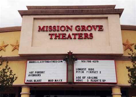 Movies now playing at Galaxy Mission Grove Luxury in Riverside, CA. Detailed showtimes for today and for upcoming days.. 