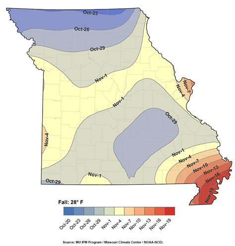 The average day for the last spring frost in Missouri ranges from April 5 in southern portions of the state to April 20 in northern areas, said Pat Guinan, MU Extension climatologist. But those dates are only averages, he notes. Jefferson City once recorded a May 26 spring frost, while Kirksville and Mexico have had May 25 spring frosts.. 