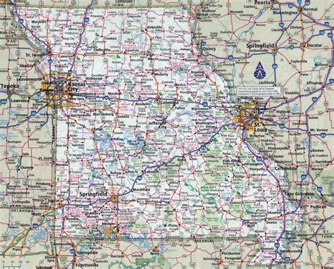 Missouri road map with cities.  This detailed Missouri state wall map displ...