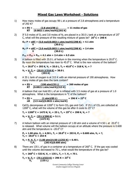 Mixed Gas Law Worksheet Key PDF