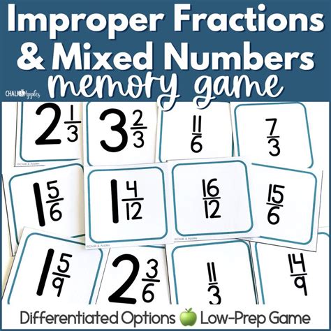 Mixed Numbers and Improper Fractions Memory Game Improper fractions