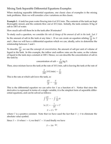 Mixing Tank Separable Differential Equations Examples