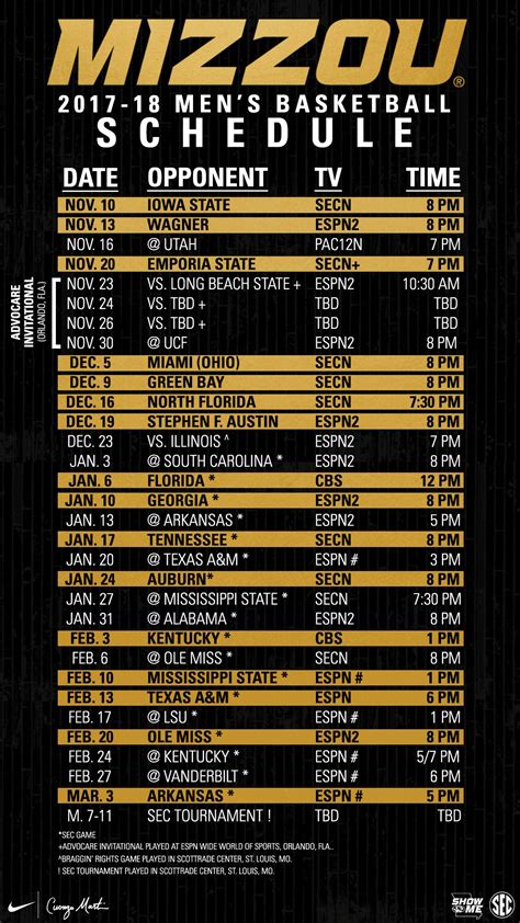 The 2023 Men's Basketball Schedule for the Missouri Tigers with today’s scores plus records, conference records, post season records, strength of schedule, streaks and statistics. . 