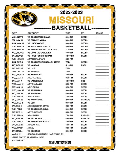 The official 2022-23 Women's Basketball schedule for the University of Missouri Tigers. 