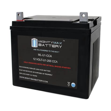 Ml-u1 200cca battery. ML-U1 12V 200CCA Battery for Ford 70 Lawn Tractor and Mower . Brand: Mighty Max Battery. $106.95 $ 106. 95. Enhance your purchase . ML-U1 is a 12V 200 Cold Cranking Amps (CCA) Sealed Lead Acid (SLA) Battery ; Dimensions: 7.75 inches x 5.11 inches x 6.25 inches. Polarity: Positive on Left, Negative on Right. 