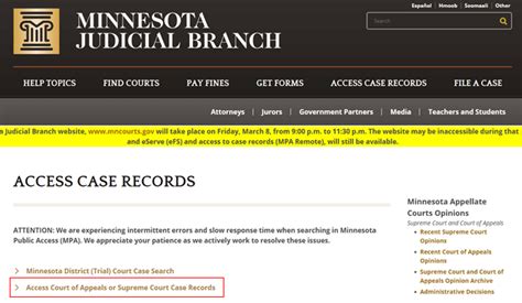 Mn courts pa gov. Jurors Government Partners Media Teachers and Students Due to scheduled maintenance, mncourts.gov and other court applications may experience brief outages from 9:00 a.m. to 1:00 p.m. on Sunday, October 15, 2023. Please plan ahead. Access Case Records Minnesota District (Trial) Court Case Search Access Court of Appeals or Supreme Court Case Records 