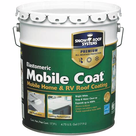 Mobile home roof coating. Rust-Oleum LeakSeal™ Mobile Roof Repair Sealant is an RV/mobile home elastomeric coating for roof restoration and protection. Delivers a waterproof seal in 6 hours. Reflects heat/UV rays for cooler interior. Can be used on RVs, mobile homes, campers, trailers, gutters and sheds. Covers up to 65 sq ft/g (6 sq m/g) Size 3.8 L (128.5 fl oz) 