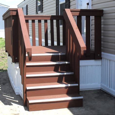 Mobile home staircase. Steps. First, the risers should be no more than 7 ¾ inches high, allowing for a comfortable stride up or down. The tread depth should also be at least 10 inches, providing enough space to step confidently. Add a nosing of between ¾ and 1 ¼ inches to all stairs with solid risers for safety. 