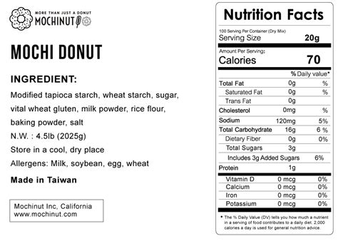 Mochinut nutrition facts. Add wet ingredients into the bowl with dry ingredients. Mix with a fork until large clumps form. Gather clumps with hands and form into a large ball. Knead until smooth. The dough will be sticky. Cut donuts. Generously flour a work surface with glutinous rice flour. Transfer dough and roll out until 1/2-inch thick. 